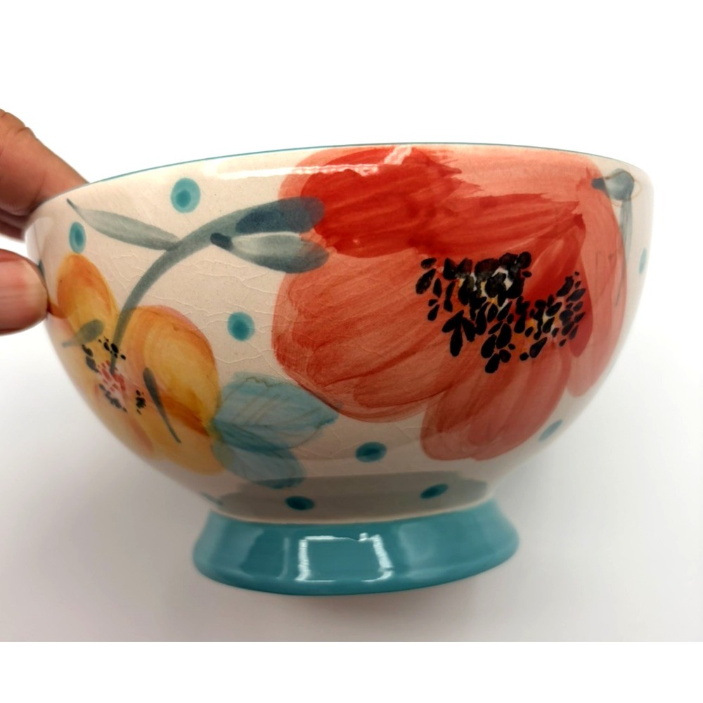 Set of 8 Pioneer bloom dots 6" turquoise footed stoneware vintage bloom excellen